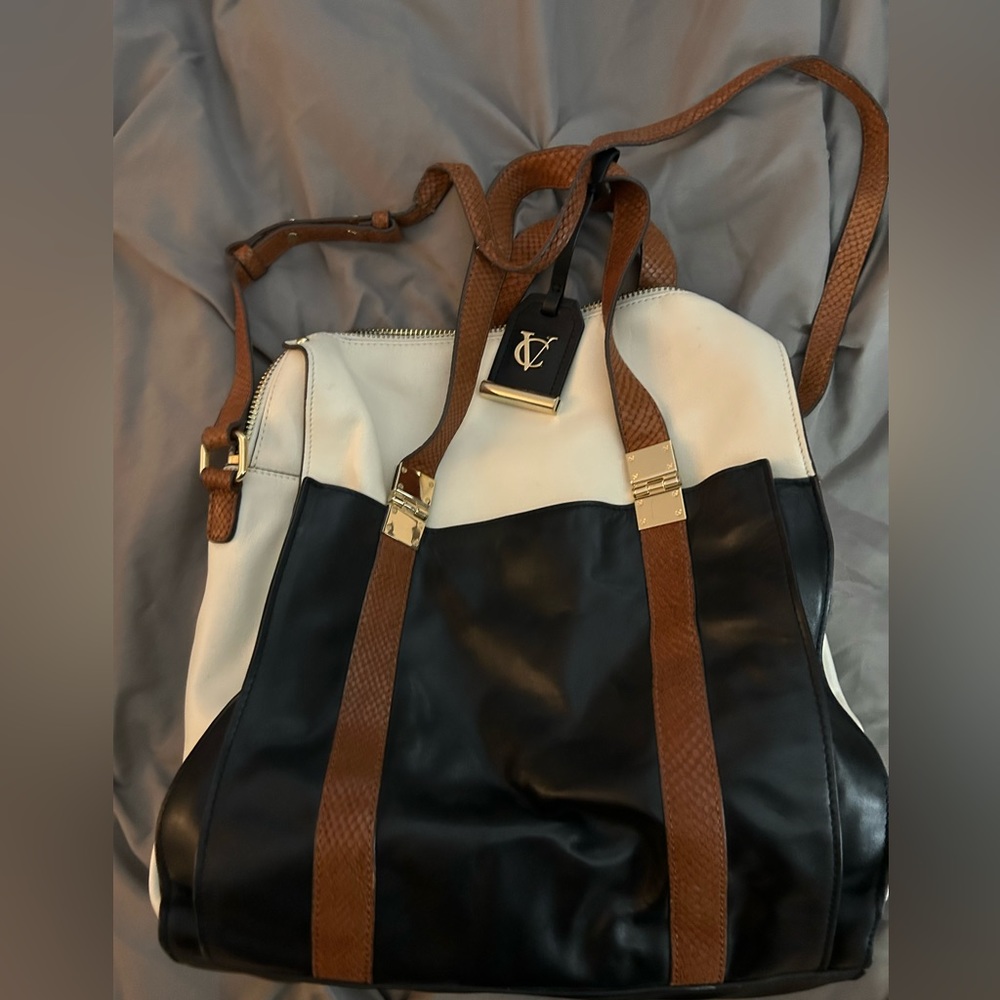 Vince Camuto large computer bag, navy and cream, leather